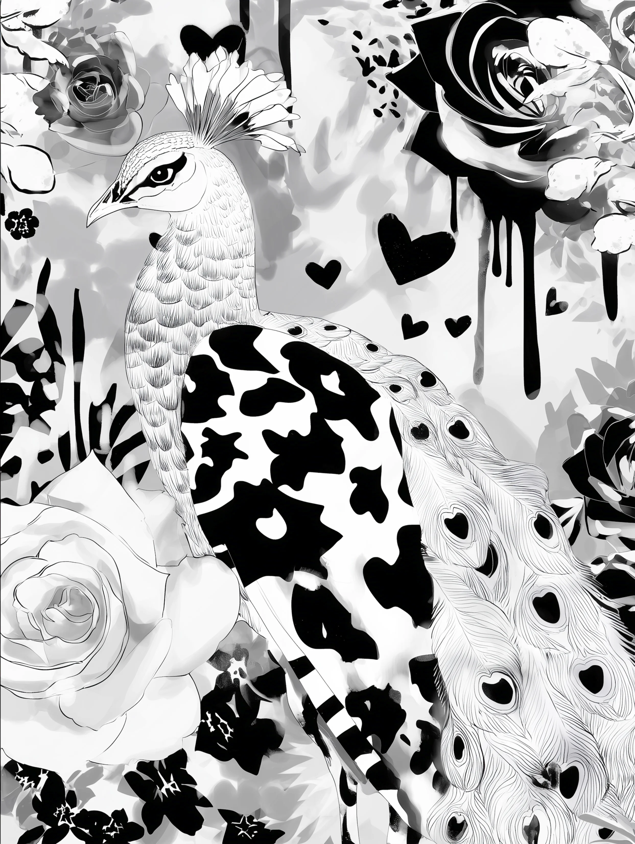 Free printable coloring page of peacock for adults featuring a pretty peacock with hearts